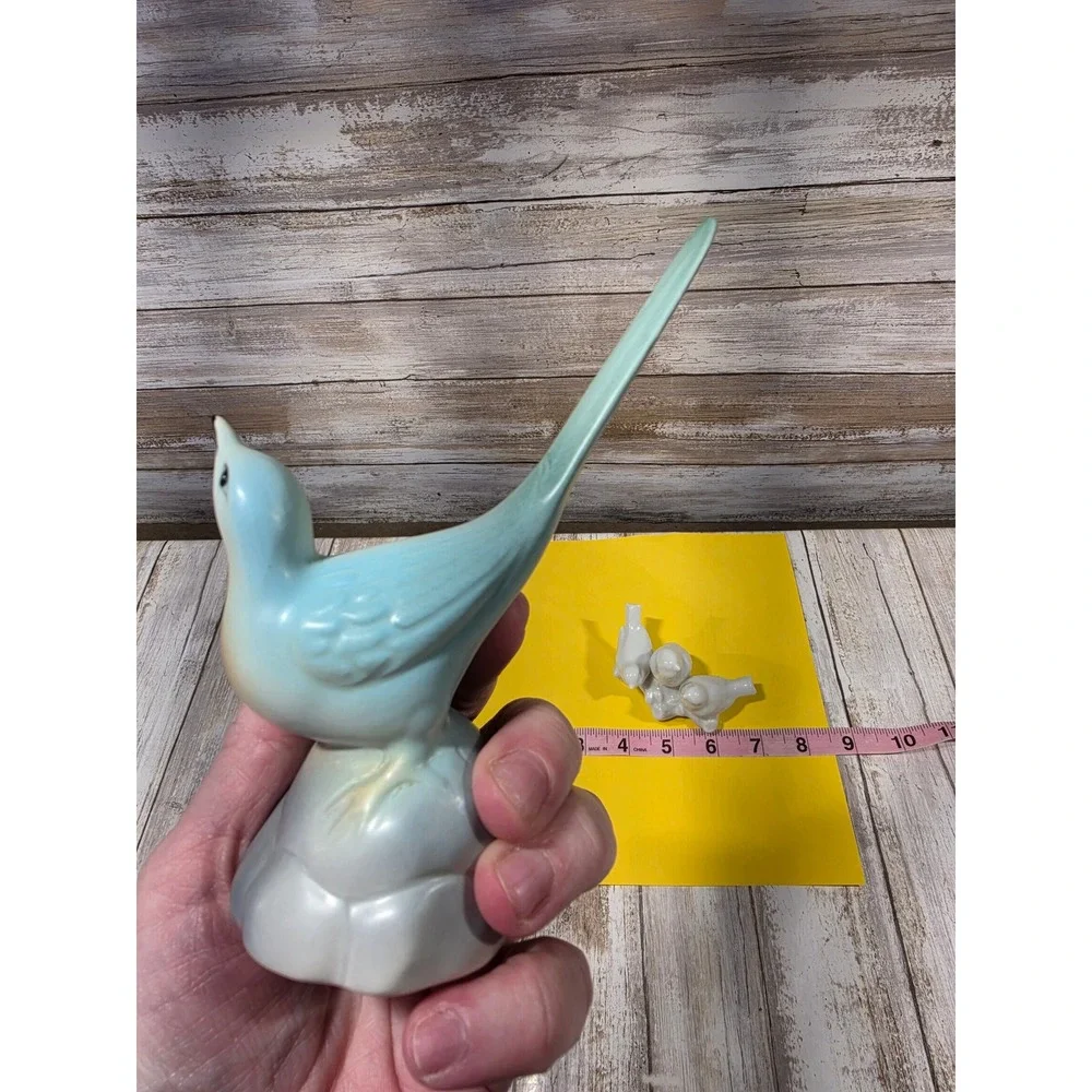 Vintage West Germany Porcelain Bird Figurine Set‎ Blue Long Tail White Trio MCM